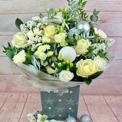 Snow-white-aqua-packed-handtie-bouquet-christmas-delivery-flowers-strood-medway-rochester