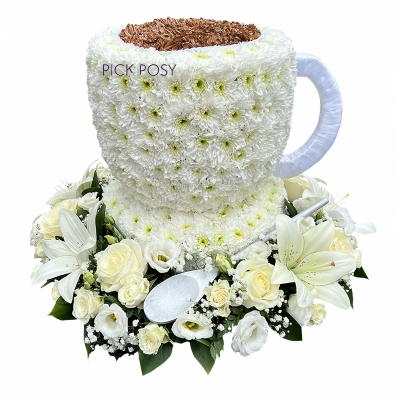 white-tea-cup-saucer-cuppa-brew-funeral-flowers-tribute-delivered-strood-Rochester-Medway-kent