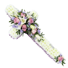 Lilac-white-based-funeral-cross-wreath-flowers-delivered-strood-rochester-medway-kent
